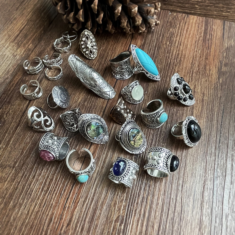 Vintage prstenje za žene Boemski izrezbareni okvir Opal crni ahat Antikni posrebreni nakit za plažu Etnički prsten