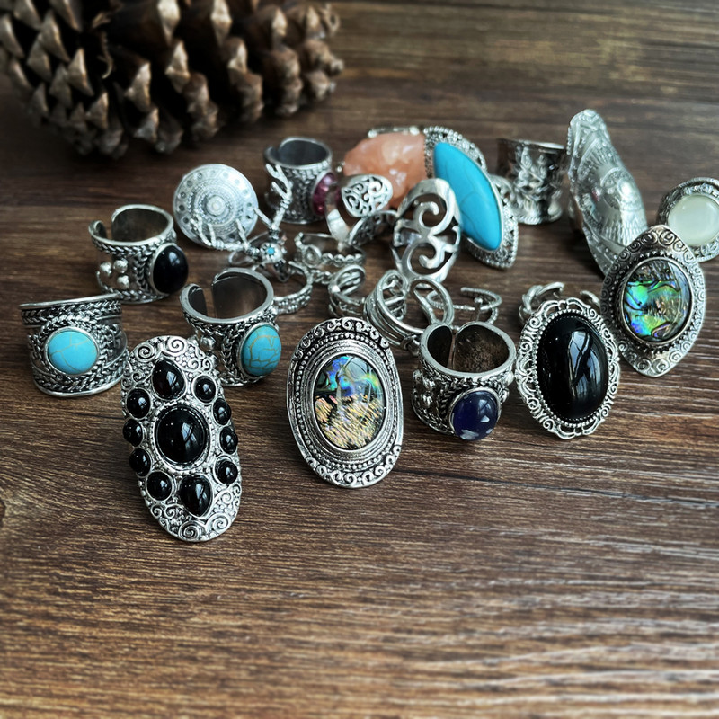 Vintage prstenje za žene Boemski izrezbareni okvir Opal crni ahat Antikni posrebreni nakit za plažu Etnički prsten
