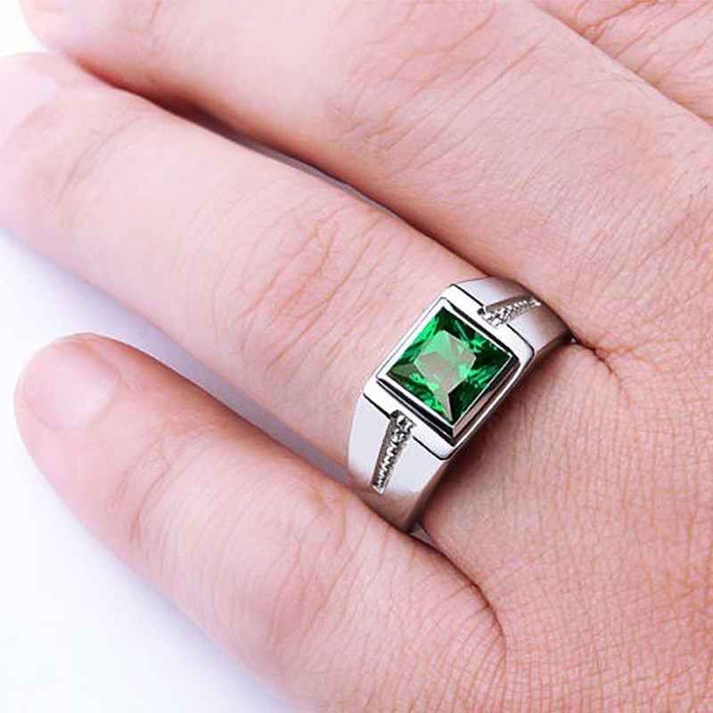 Inel elegant de cristal verde pentru bărbați, femei, bijuterii de petrecere, cadou, inel lat de culoare argintie