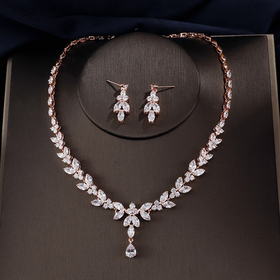 ZAKOL Luksuzna briljantna ogrlica od listova cirkonija, naušnice, prstenje, narukvice, set za žene, set kompleta svadbenog nakita za vjenčanje CZ Novo