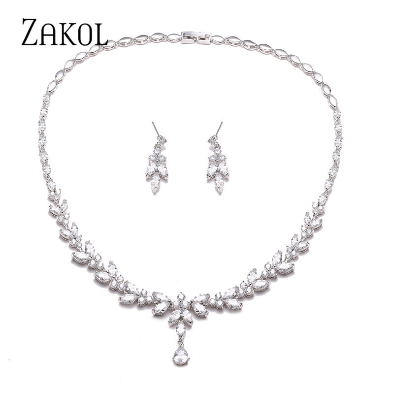 ZAKOL Luksuzna briljantna ogrlica od listova cirkonija, naušnice, prstenje, narukvice, set za žene, set kompleta svadbenog nakita za vjenčanje CZ Novo
