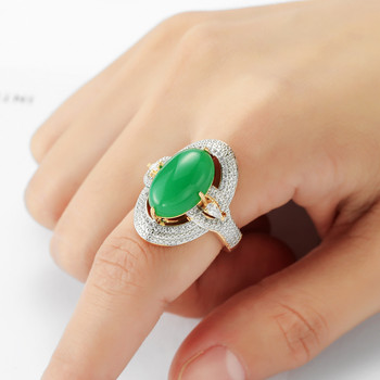 Гореща разпродажба Луксозен елегантен дамски моден инкрустиран зелен пръстен Кух овален женски пръстен Темперамент Ежедневни партита Годежни