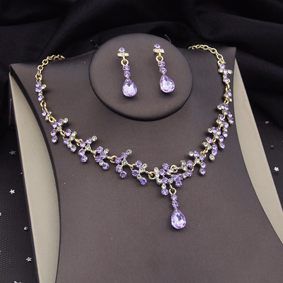 Krāšņi purpursarkana kristāla līgavu rotaslietu komplekti sievietēm Tiaras kroņa līgavas auskari kaklarota kāzu rotaslietu komplekts modes