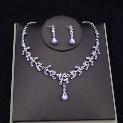 Krāšņi purpursarkana kristāla līgavu rotaslietu komplekti sievietēm Tiaras kroņa līgavas auskari kaklarota kāzu rotaslietu komplekts modes