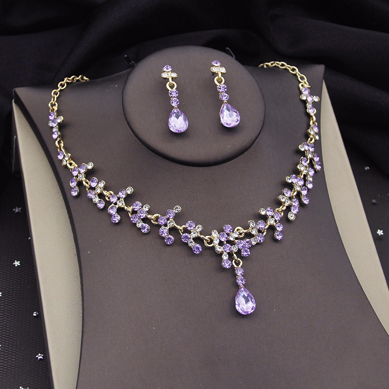 Krāšņi purpursarkana kristāla līgavu rotaslietu komplekti sievietēm Tiaras kroņa līgavas auskari kaklarota kāzu rotaslietu komplekts modes