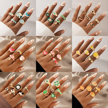 Модни кафяви емайлирани пръстени със сърце за жени Момичета Кристален пръстен Многоцветен комплект зелена смола Акрилни пръстени Бижута anillos
