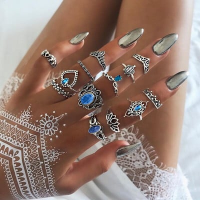 13pcs/Set Boho Midi Žensko prstenje na zglobovima Set za žene Kristalno Srce Lotus Kornjača Prsten Prsten Party Vjenčani Nakit Poklon