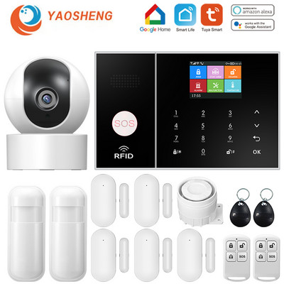 YAOSHENG Tuya Wifi Gsm охранителна алармена система работи с Alexa Домашен детектор за движение против взлом Сензор за дим, врата, прозорец, IP камера