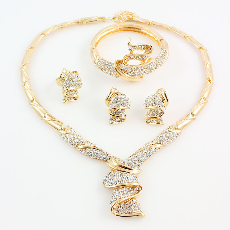 Veleprodajni modni kompleti vjenčanog nakita od legure zlatne boje, ogrlica, narukvica, prsten, naušnice za žene, vjenčanice