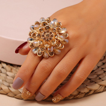 Νέα Luxury Big Flower Rings For Women Exaggerated Statement Κοσμήματα Κρυστάλλινα δαχτυλίδια Δαχτυλίδι Νυφικό Γάμο Δώρα Anel Δώρα