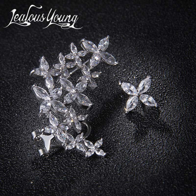 Asimetrična marka luksuznih kubičnih cirkonskih cvjetnih naušnica s nitnama za uho za žene Trendovski modni nakit u boji lista od bijelog zlata