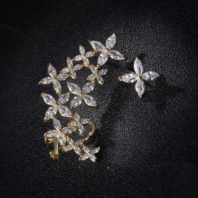 Asimetrična marka luksuznih kubičnih cirkonskih cvjetnih naušnica s nitnama za uho za žene Trendovski modni nakit u boji lista od bijelog zlata