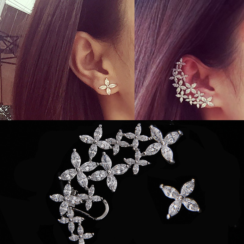 Asimetrična marka luksuznih kubičnih cirkonskih cvjetnih naušnica s nitnama za uho za žene Trendovski modni nakit u boji lista od bijelog zlata