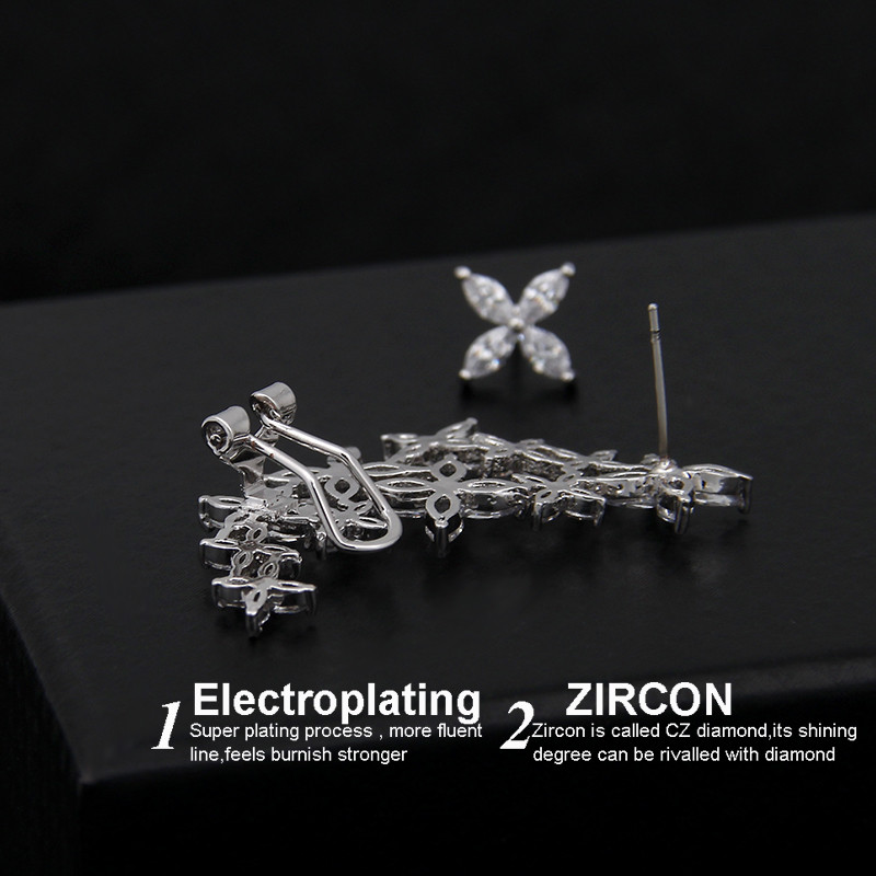 Asimetrična marka luksuznih kubičnih cirkonskih cvjetnih naušnica s nitnama za uho za žene Trendovski modni nakit u boji lista od bijelog zlata