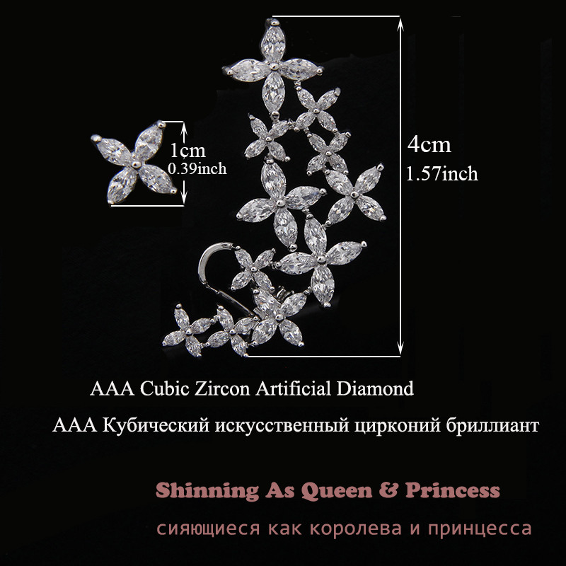 Asimetrična marka luksuznih kubičnih cirkonskih cvjetnih naušnica s nitnama za uho za žene Trendovski modni nakit u boji lista od bijelog zlata