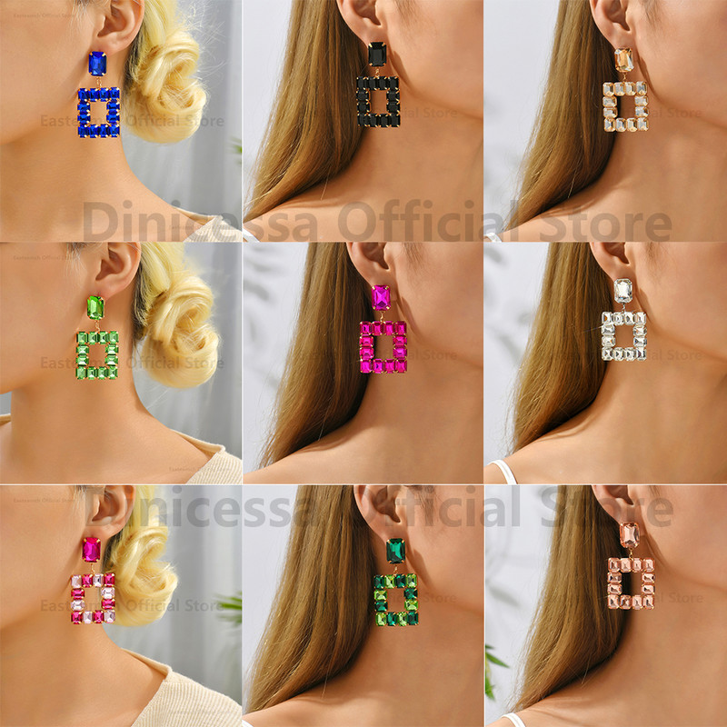 Нови квадратни големи висящи обеци за жени Тенденция за 2022 г. Луксозно качество Блестящ кристален пиърсинг Модни бижута Pendientes за парти