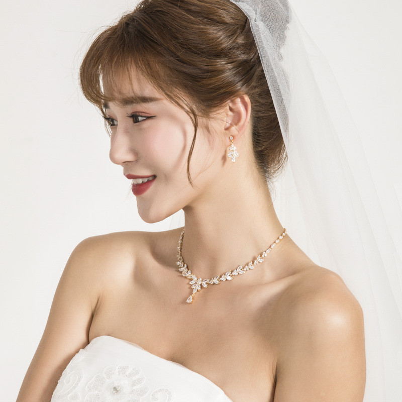 Ekopdee Set de bijuterii cu frunze strălucitoare de lux pentru femei, zirconiu, culoare argintie, colier de mireasă, cercei, 2021, Parure Bijoux