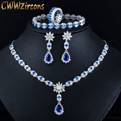 CWWZircons 4 бр. Син кубичен циркон Crystal Flower Drop Сватбена огърлица, обеца, гривна, пръстен, булчински комплекти бижута T439
