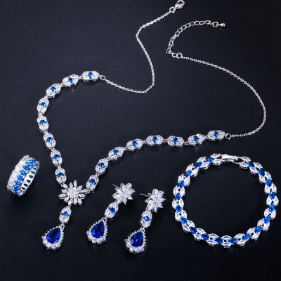 CWWZircons 4 buc. Zircon cubic albastru, cristal, picătură de flori, colier de nuntă, cercei, brăţară, inel, seturi de bijuterii pentru costum de mireasă T439