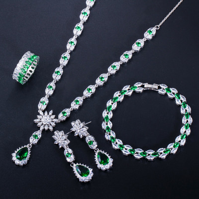 CWWZircons 4 buc. Zircon cubic albastru, cristal, picătură de flori, colier de nuntă, cercei, brăţară, inel, seturi de bijuterii pentru costum de mireasă T439