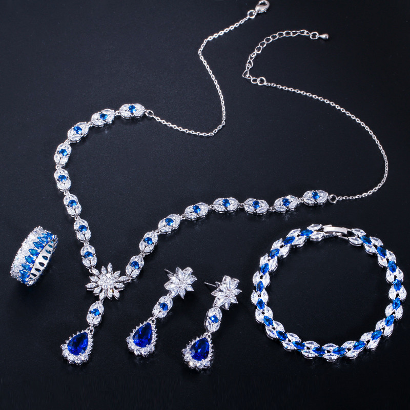 CWWZircons 4 buc. Zircon cubic albastru, cristal, picătură de flori, colier de nuntă, cercei, brăţară, inel, seturi de bijuterii pentru costum de mireasă T439