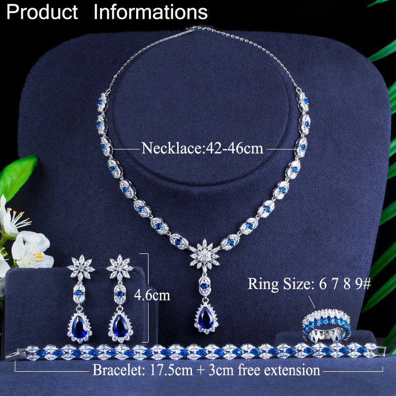 CWWZircons 4 buc. Zircon cubic albastru, cristal, picătură de flori, colier de nuntă, cercei, brăţară, inel, seturi de bijuterii pentru costum de mireasă T439