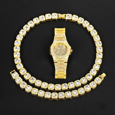 13 мм ширина, един ред Bling Stone Iced Out Колие Гривна Комплект часовници за мъже злато сребро цвят кубинска ръчна верига чокър бижута