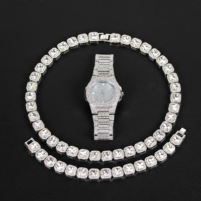 13 мм ширина, един ред Bling Stone Iced Out Колие Гривна Комплект часовници за мъже злато сребро цвят кубинска ръчна верига чокър бижута