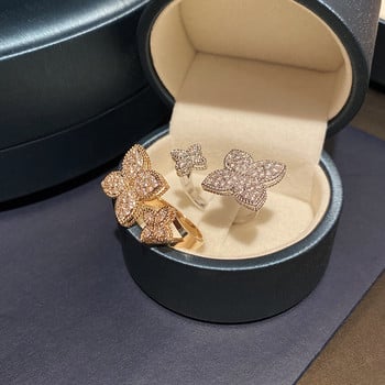 Четирилистна детелина Сребърен цвят Луксозни дамски пръстени Отварящ се регулируем пръстен за жени Изящни двойни цветя Детелина Бижута