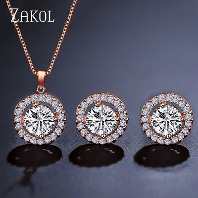 ZAKOL Nigerijski okrugli kubni cirkonski setovi vjenčanog nakita za žene Klasične mikro umetnute kristalne svadbene naušnice Komplet ogrlica