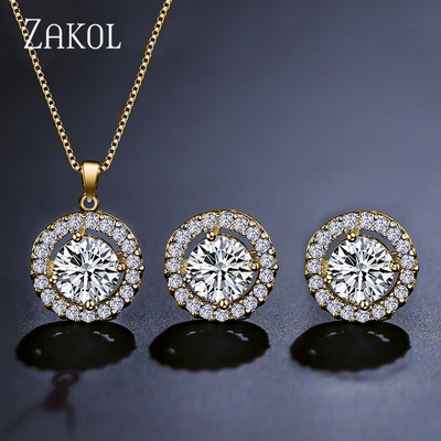 ZAKOL Nigerijski okrugli kubni cirkonski setovi vjenčanog nakita za žene Klasične mikro umetnute kristalne svadbene naušnice Komplet ogrlica