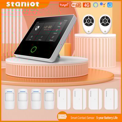 Staniot Tuya Smart WiFi 4G охранителна алармена система Вградена сирена Домашен крадец с 5-годишен контактен сензор Детектори за врати и прозорци