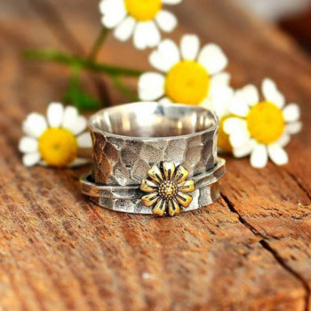 Винтидж гравирани пръстени с цветя на маргаритки за жени, въртящи се свободно въртящи се пръстени, антистресови, тревожни пръстени, женски бижута, подарък