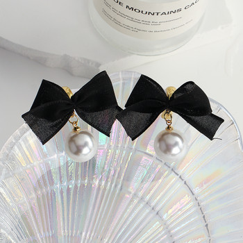AENSOA 2021 Нови обеци от дантела с панделка с перлени капки, сладък черен цвят Корейска мода за жени, прекрасни обеци, бижута