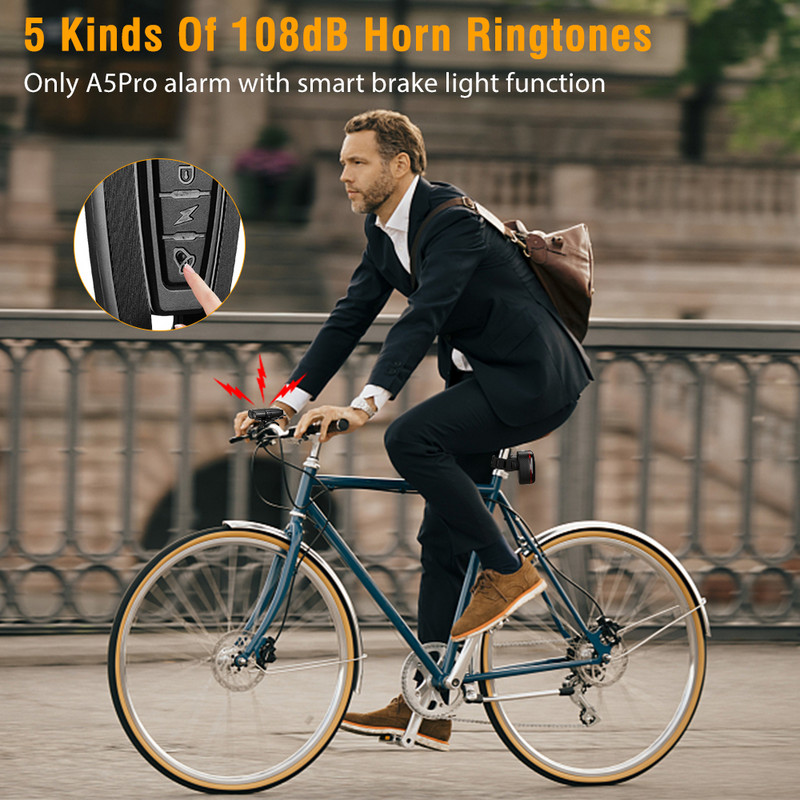 Sectyme Fara din spate pentru bicicletă, fără fir, impermeabilă, cu vibrații, alarmă antifurt, încărcare USB A5pro, lumină automată inteligentă de detectare a frânei pentru bicicletă