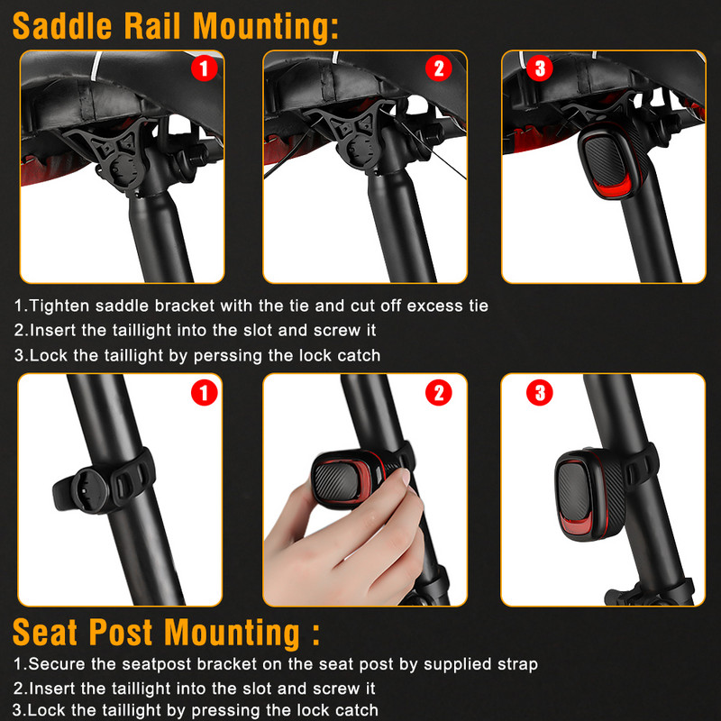 Sectyme Fara din spate pentru bicicletă, fără fir, impermeabilă, cu vibrații, alarmă antifurt, încărcare USB A5pro, lumină automată inteligentă de detectare a frânei pentru bicicletă