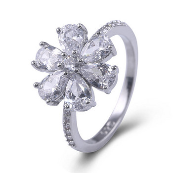 Ofertas лъскав пръстен във формата на цвете, инкрустиран с бял кристал, цирконий, сребърен цвят, сплав за жени, сватбено парти, бижута, аксесоари