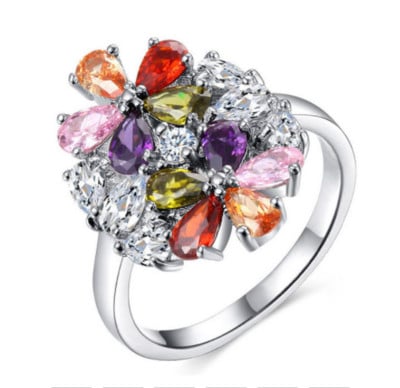 Oferă Inel din aliaj de culoare argintiu cu incrustație în formă de floare strălucitoare, cu cristal alb, zirconiu, pentru femei, accesorii de bijuterii pentru petrecerea de nuntă