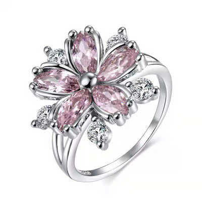 Oferă Inel din aliaj de culoare argintiu cu incrustație în formă de floare strălucitoare, cu cristal alb, zirconiu, pentru femei, accesorii de bijuterii pentru petrecerea de nuntă