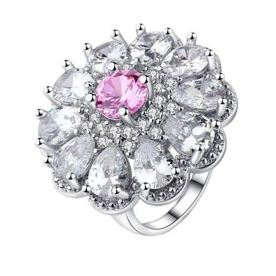 Oferă Inel din aliaj de culoare argintiu cu incrustație în formă de floare strălucitoare, cu cristal alb, zirconiu, pentru femei, accesorii de bijuterii pentru petrecerea de nuntă