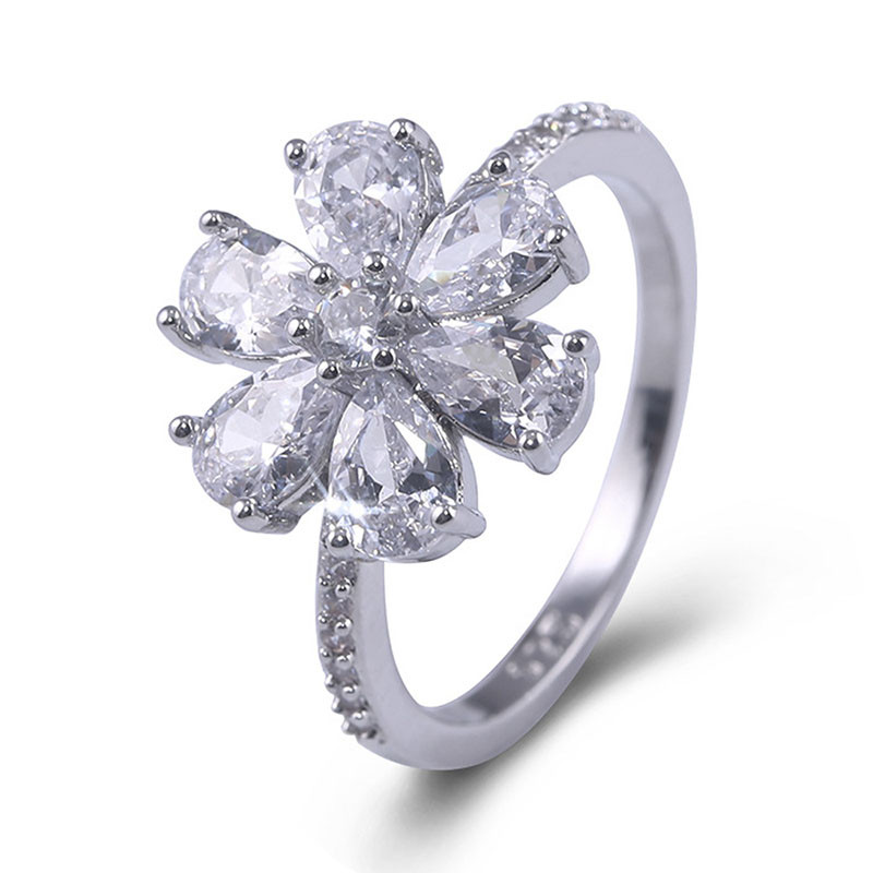 Oferă Inel din aliaj de culoare argintiu cu incrustație în formă de floare strălucitoare, cu cristal alb, zirconiu, pentru femei, accesorii de bijuterii pentru petrecerea de nuntă