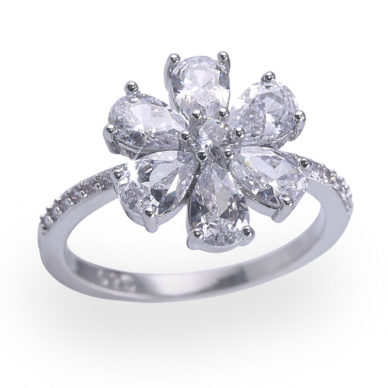 Oferă Inel din aliaj de culoare argintiu cu incrustație în formă de floare strălucitoare, cu cristal alb, zirconiu, pentru femei, accesorii de bijuterii pentru petrecerea de nuntă