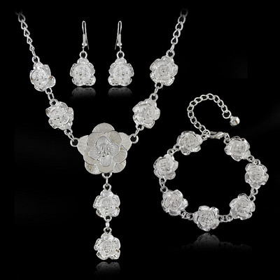 Set de bijuterii cu flori de trandafir placat cu argint, marca Yumfeel, set de bratari, cercei