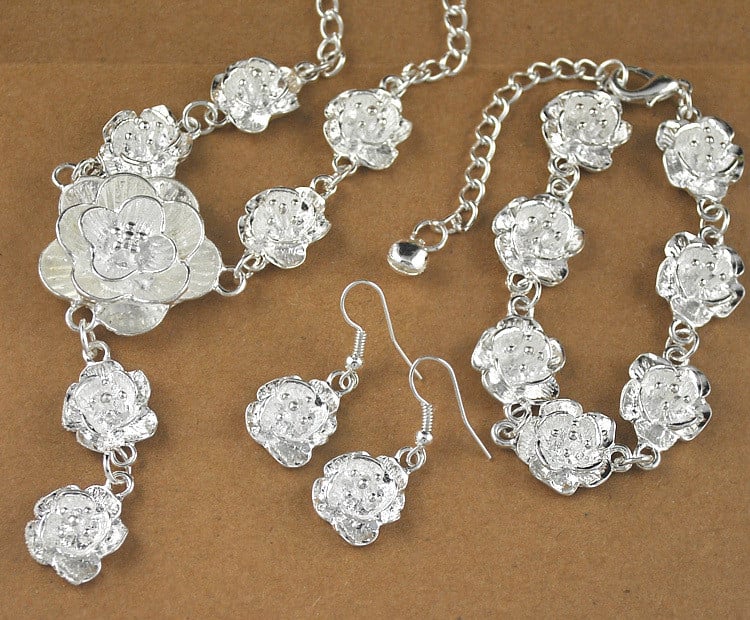 Set de bijuterii cu flori de trandafir placat cu argint, marca Yumfeel, set de bratari, cercei