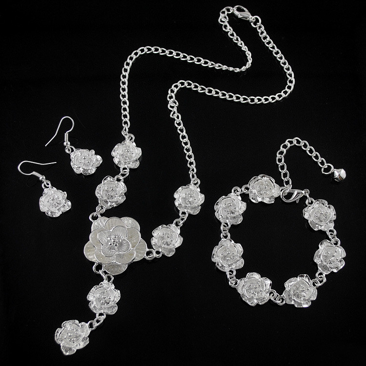Set de bijuterii cu flori de trandafir placat cu argint, marca Yumfeel, set de bratari, cercei