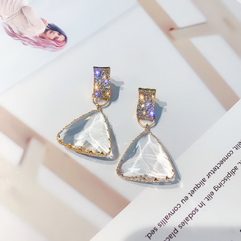 Нова мода 925 сребърна игла с луксозен триъгълен дизайн с големи кристални обеци за жени Женски корейски парти бижута