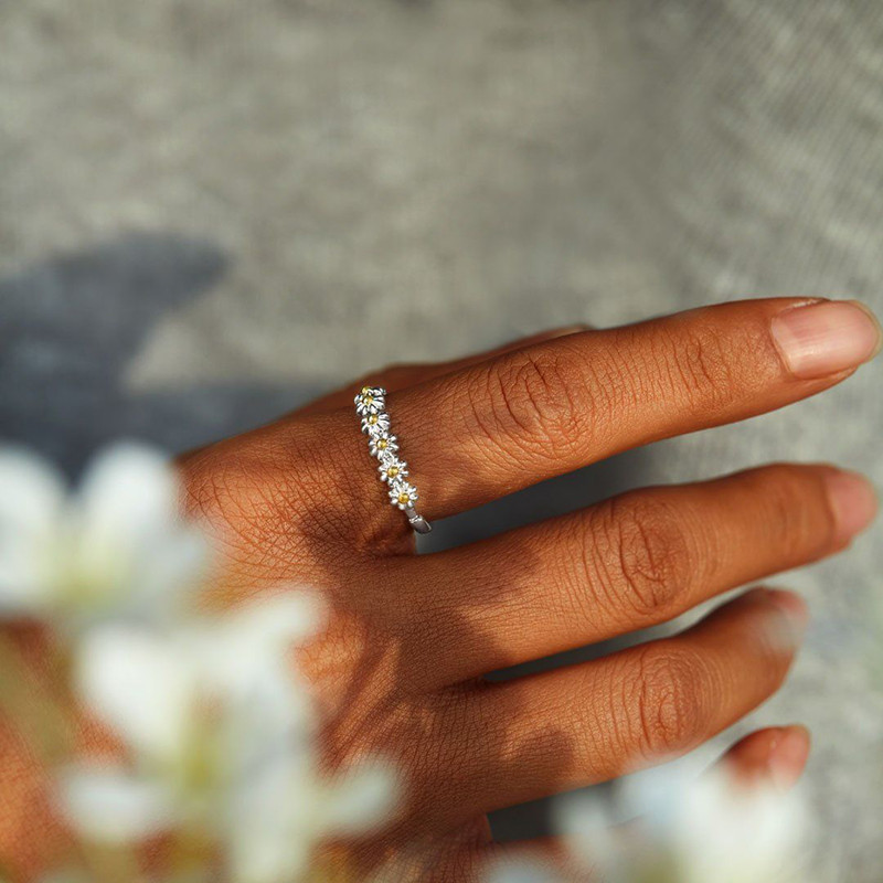 Inele Vintage Daisy pentru femei Inel drăguț cu flori Manșetă deschisă reglabilă Inele de logodnă de nuntă Bijuterii feminine Bague