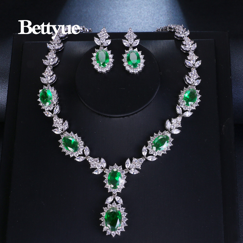 Bettyue Brand Charm Fashion Set de bijuterii de lux AAA Zircon Green Geometric Florid Set de bijuterii de mireasa pentru femeie Cadou de nunta