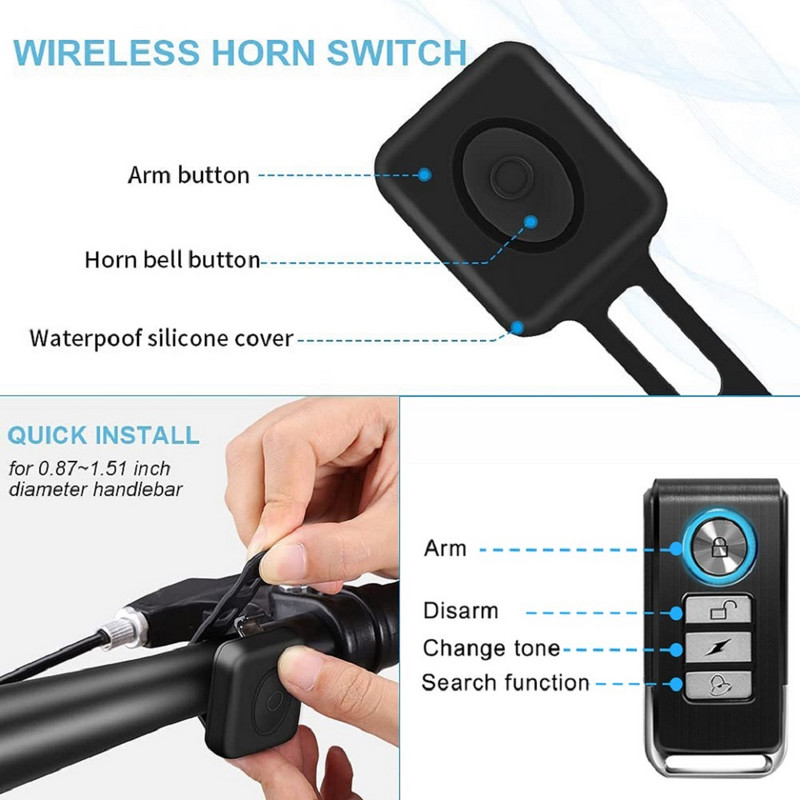 Hollarm Alarmă fără fir cu vibrații pentru biciclete Alarmă pentru motocicletă Telecomandă Detector antifurt pentru biciclete Sistem cu senzori de alarmă de securitate
