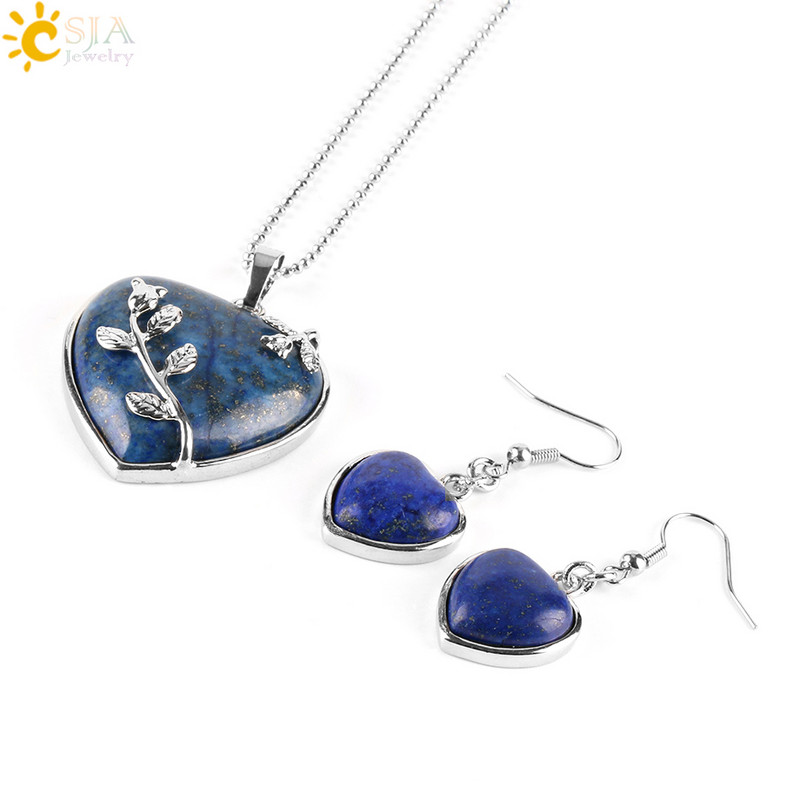 CSJA Fete Femei Iubesc Inima Bijuterii Seturi Reiki Pietra pretioasa naturala Lapis Lazuli Colier Picatura Cercei Set Frunze Pandantiv Nunta E425